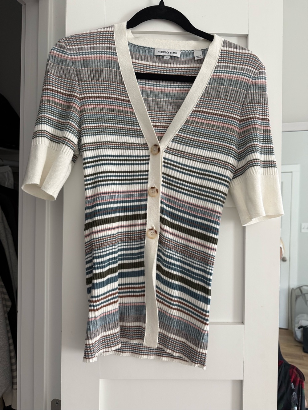 Veronica Beard Multi-Stripe Short-Sleeve Button Cardigan with Cream Trim